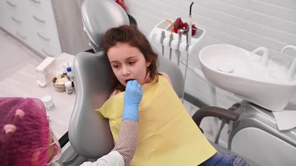 Lovely Little Girl Dental Examination Sitting Dentists Chair Kids Playing — Video