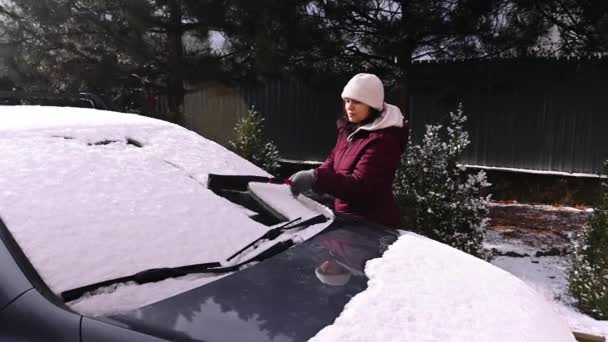 겨울옷을 사용하고 내리는 차에서 치우는 운전자의 겨울에는 눈덮인 도시에서 자동차 — 비디오