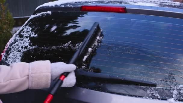 Close Woman Using Car Snow Brush Ice Scraper Remove Snow — Video