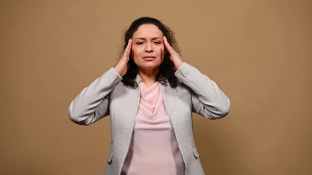 Middle Aged Overworked Beautiful Woman Manager Suffering Tension Headache Desperate — Stock Video
