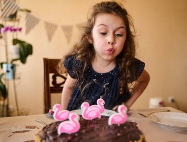 Güzel, uzun kıvırcık saçlı, altın noktalı zarif bir denizci elbisesi giyen doğum günü pastasında pembe flamingo mumları üfleyen bir kız bebek. Mutlu bir çocukluk. Çocuk Günü konsepti