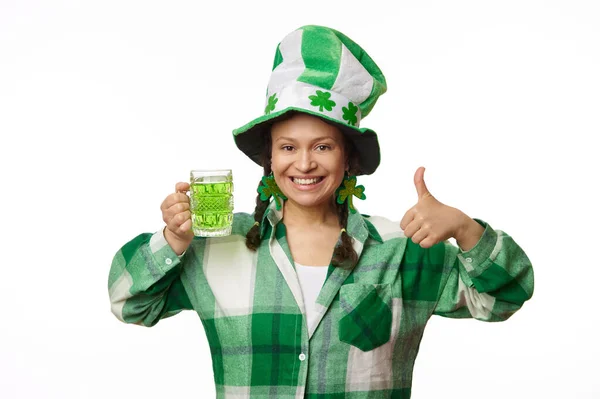 Charming Woman Party Hat Clover Leaves Smiling Toothy Smile Showing — Stock Photo, Image