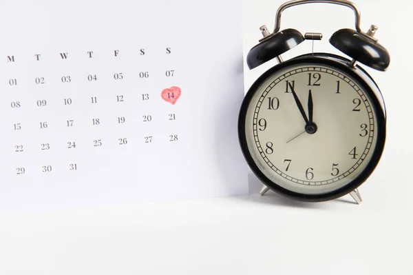 Still Life Black Alarm Clock Calendar Marked Red Marker 14Th — Stock Photo, Image