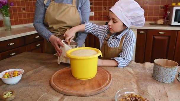 Menina Adorável Criança Anos Pequeno Pasteleiro Chapéu Chefs Brancos Avental — Vídeo de Stock