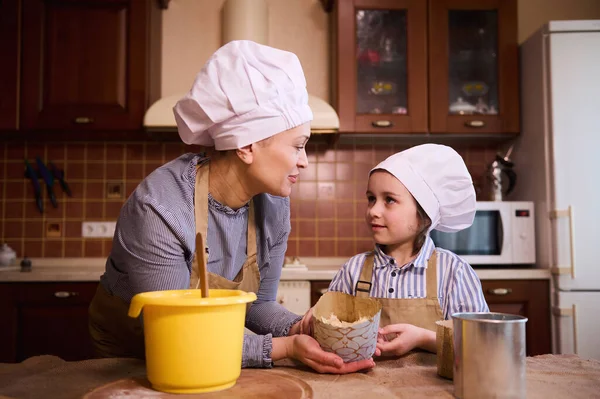 Happy Mother Daughter Cooking Together Panettone Festive Pastries Easter Holiday — Stock Photo, Image