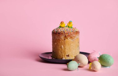 Paskalya geçmişi. Durgun hayat. İzole edilmiş pembe arka planda panettone ve bıldırcın yumurtası. Reklam alanını kopyala. Mutlu Paskalyalar - Hıristiyanlıkta dini bayram, İsa 'nın dirilişini simgeliyor.