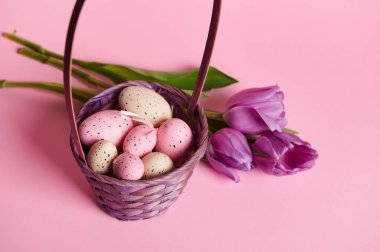 Durgun hayat. Paskalya arkaplanı pembe pastel ve bej bıldırcın yumurtalarıyla mor sepetin içinde pembe renkli arka planda izole edilmiş bir demet mor laleyle. Tatiller ve yaşam etkinliği konsepti