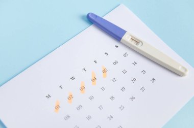 Yumurtlama ve doğurgan günleri hesaplama, hamilelik ve teşhis planlama kavramı. Son adet tarihlerinin yazılı olduğu beyaz takvimde mürekkep jeti test kiti, mavi arkaplan