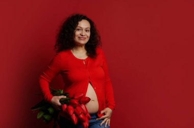 Çok ırklı kıvırcık saçlı hamile kadın kameraya bakıp gülümsüyor, izole edilmiş kırmızı arka planda elinde parlak kırmızı gömlek ve mavi kot pantolon giymiş bir buket kırmızı lale tutuyor. Hamilelik modası. Annelik