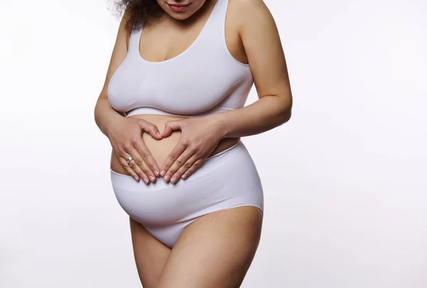 Primer Plano Una Mujer Embarazada Lencería Blanca Esperando Bebé Disfrutando — Foto de Stock