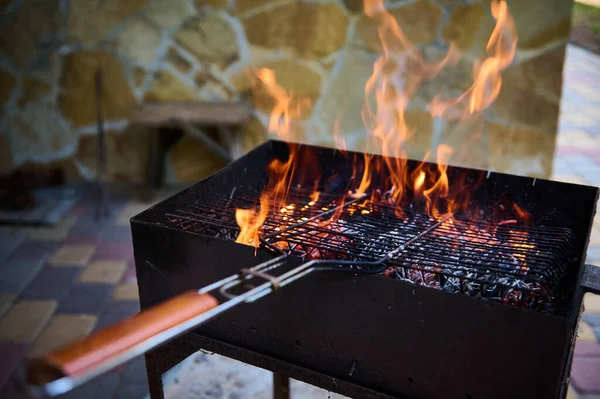Barbecue Grill Fire Open Air Fire Flame Selective Focus — Stock Photo, Image