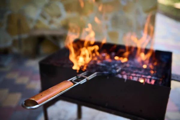 Bbq Barbecue Barbeque Barbecue Charcoal Fire Grill Selective Focus Close — Stock Photo, Image
