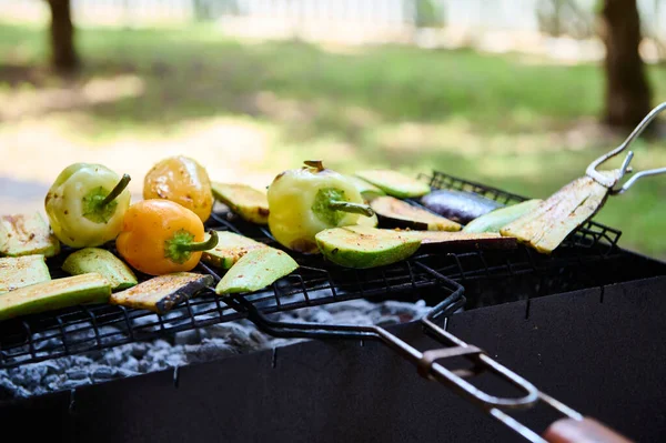 グリーングラスで煙と炎とバーベキューグリルでおいしい焼き野菜を盛り合わせ 食べ物の背景 選択的フォーカス 夏のレジャーの概念は 屋外で寒さとピクニック — ストック写真
