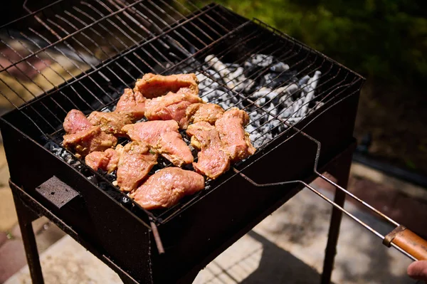 外でバーベキューグリルの石炭の上にグレート上のマリネ豚ヒレ肉の概要 食べ物の背景 食料の準備だ 選択的焦点 — ストック写真
