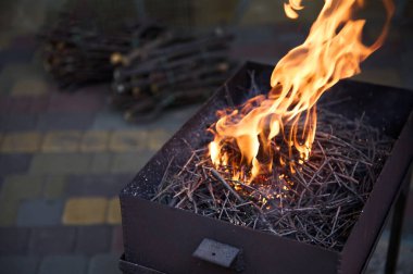 Barbekü ızgarasında alevler içinde yanan ağaç dallarıyla dolu bir hayat. Açık havada yiyeceğin hazırlanması. Yaz pikniği ve barbekü partisi mevsimi. Yakın çekim görünümü