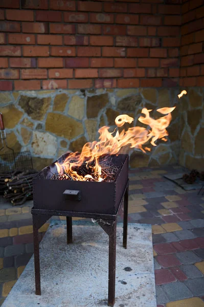 Csendélet Lángoló Tűzben Égő Ágakkal Grillsütőben Étel Elkészítése Szabadtéri Kertben — Stock Fotó