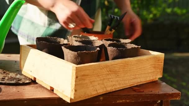 4Kビデオ 木製の箱に生分解性泥炭ポットを積み上げ 女性のエコ農家の庭師の手の近く 春の農業 有機野菜の栽培 — ストック動画