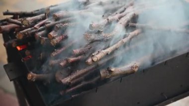 Izgarada ateş yakmak için yanan bir ateşle bağlanmış ağaç dallarına yakın çekim. Yaz rahatlama konsepti. Piknik. Mangal partisi. BBQ Grill partisi. Barbekü. Durgun hayat