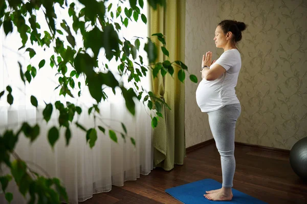 Oldalkép Egy Tudatos Terhes Gyakorolja Terhesség Jóga Áll Tornaterem Testtartás — Stock Fotó