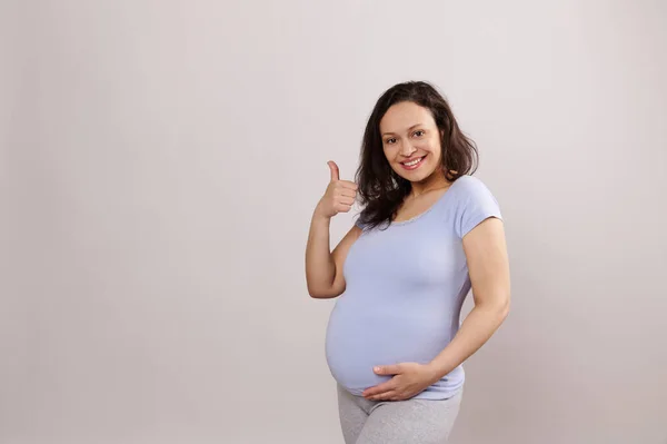 Multi Ethnic Beautiful Pregnant Woman Expectant Mother Blue Shirt Gently — Stock Photo, Image