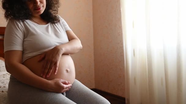Sevgi Dolu Hamile Bir Anne Karnını Okşuyor Mutlu Hamile Kadın — Stok video