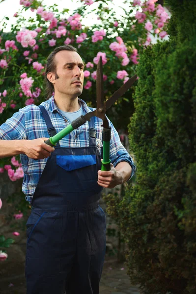 Retrato Floricultor Jardinero Profesional Masculino Horticultor Uniforme Azul Sosteniendo Podadoras — Foto de Stock