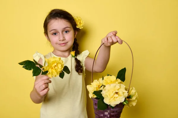 stock image Portrait of a beautiful kid girl carrying a purple wicker basket with yellow roses, smiling looking at camera, isolated on yellow background