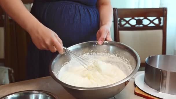 Close Woman Housewife Amateur Baker Confectioner Holding Whisk Fresh Cream — Stock Video