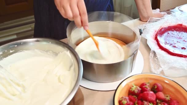 近くの主婦やパティシエ 焼きたてのビスケットスポンジケーキにホイップクリームの層を広げる菓子職人 おいしい伝統的なフランスのムースデザートフライザーを準備します 菓子の概念 — ストック動画