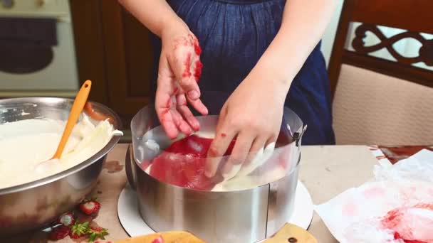 Close Housewifes Hands Putting Layer Strawberry Jelly Cake While Preparing — Stock Video