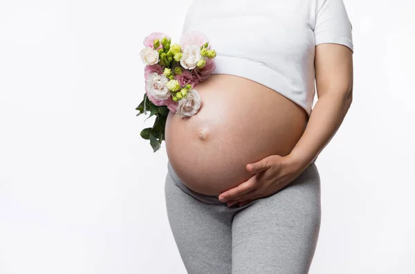 Graviditet Moderskap Mödradagskonceptet Närbild Kvinna Med Naken Gravid Mage Och — Stockfoto
