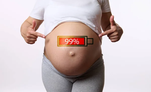 Closeup Abdomen Pregnant Woman Pointing Her Fingers Drawn Almost Charged — Stock Photo, Image