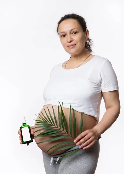 Gorgeous Multi Ethnic Pregnant Woman Looking Camera Holding Exotic Palm — Stock Photo, Image