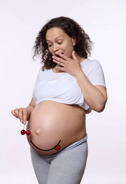 Beautiful Pregnant Woman Holding Sweet Cherries Hungry Emoji Showing Tongue — Stock Photo, Image