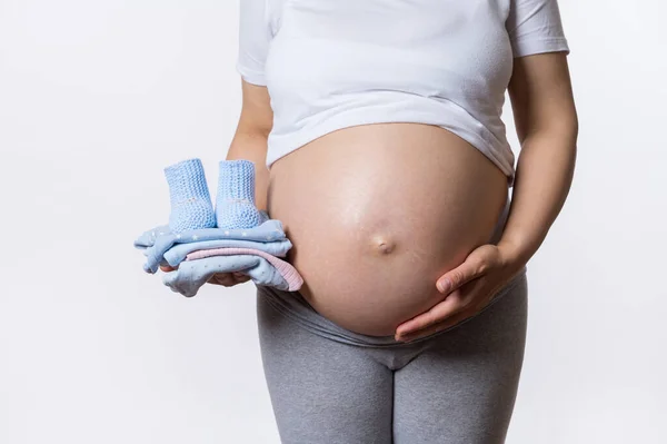 Front Shot Abdomen Pregnant Woman Late Pregnancy Time Holding Newborn — Stock Photo, Image