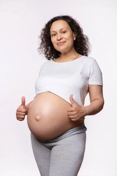 Multi Ethnic Curly Beautiful Pregnant Woman Gestures Thumbs Expressing Happiness — Stock Photo, Image