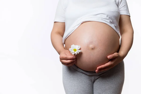 Graviditet Moderskap Barnafödande Och Förlossning Koncept Närbild Buken Gravid Kvinna — Stockfoto