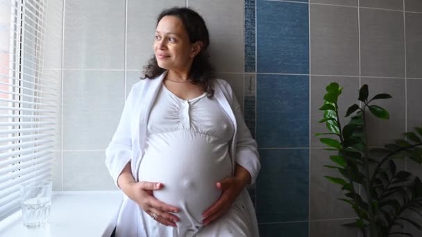美丽动人的卷发成年漂亮女子怀孕后期轻柔地抚摸着怀孕的腹部 站在自家浴室的窗边 无忧无虑的快乐怀孕和生育概念 — 图库视频影像