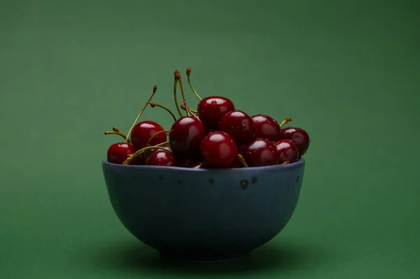 Still Life Blue Navy Ceramic Bowl Ripe Organic Sweet Cherries — Stock Photo, Image