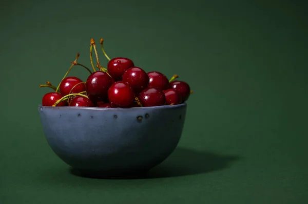 Still Life Sweet Ripe Organic Cherry Berries Rustic Blue Ceramic — Stock Photo, Image