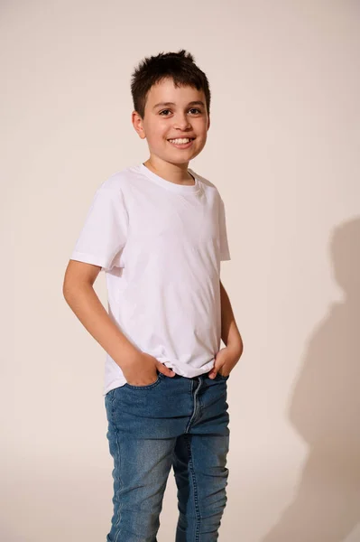 Vertical Studio Shot Handsome Teenager School Boy Wearing White Mockup — Stock Photo, Image