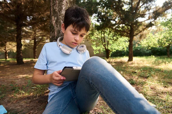 Ödev yapmaya odaklanmış, dijital tablet üzerinde internetten ders çalışan ciddi bir genç çocuk. Okula dönüş konsepti. Çevrimiçi iletişim ve uzaktan öğrenme. Çocuklar işte. Bilgi birikimi. Yaşam biçimi