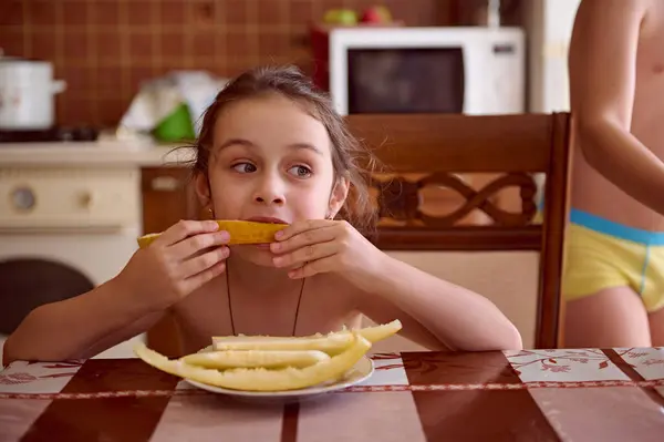 Mischievous Lovely Little Kid Girl Snacking Delicious Tasty Juicy Ripe — Stock Photo, Image