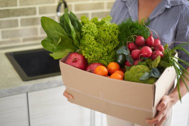 Evdeki mutfakta duran taze organik sebzeler, meyveler, otlar ve sebzelerle dolu bir karton kutunun yakın çekimi. Ev hanımı geri dönüşümlü bir konteynır dolusu çiğ vegan yiyecek taşıyor.