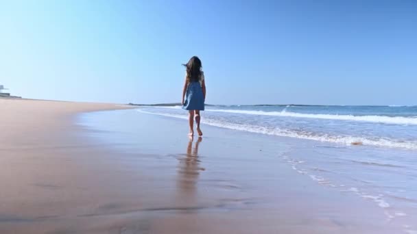 一个身穿粗斜纹斜纹棉布太阳衣 赤脚走路 独自在海滩上玩耍 玩乐着 站在水边 欣赏海浪洗腿的白人美女的背影 — 图库视频影像
