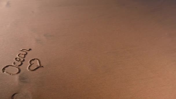 Eine Herzform Und Eine Inschrift Auf Sand Während Wellen Das — Stockvideo