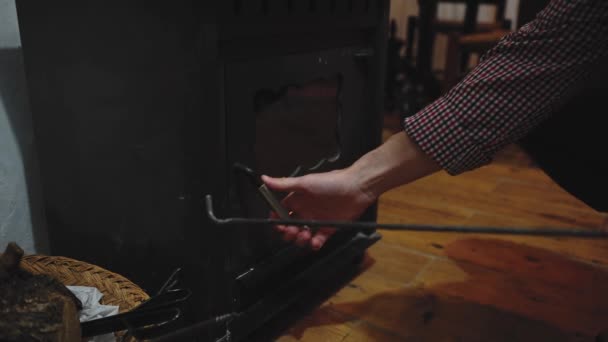 Slow Motion Close Man Opening Metal Old Wood Burning Stove — Stock Video