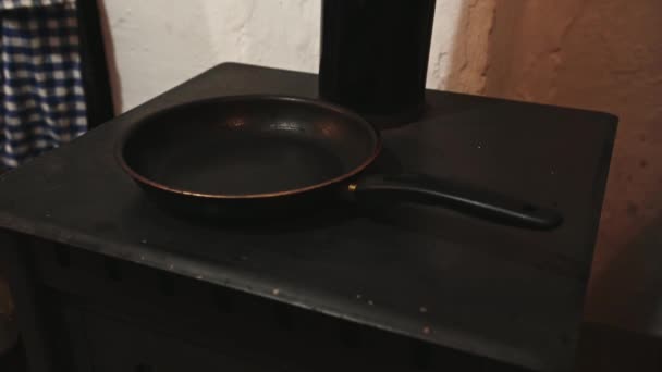 Top View Man Pouring Batter Frying Pan Cooking Pancakes Wood — Stock Video