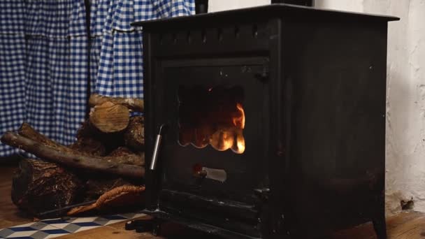 黒い金属製の木製のバーナーは炎を作る燃える薪とストーブ プライベートヴィレッジハウスの素朴なインテリア 冬と暖房は薪で家を暖めている 健康な田舎のライフスタイル — ストック動画