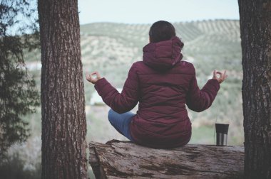 Nilüfer çiçeğinin arkasında oturan genç bir kadın ormandaki bir kütükte poz veriyor, arkasında dağlar olan bir meditasyonun tadını çıkarıyor. Eğlence için. Yaşam tarzı. Kentsel olmayan bir yer. İnsanlar ve doğa